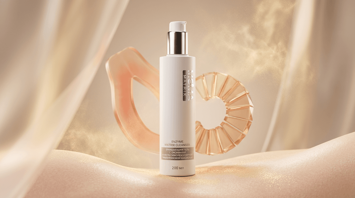 Glowing drop of golden-orange enzyme serum, symbolizing papain and bromelain