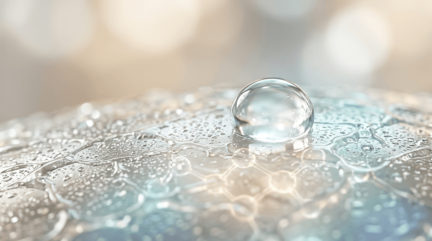 Crystal-clear drop of hyaluronic acid with molecular structure