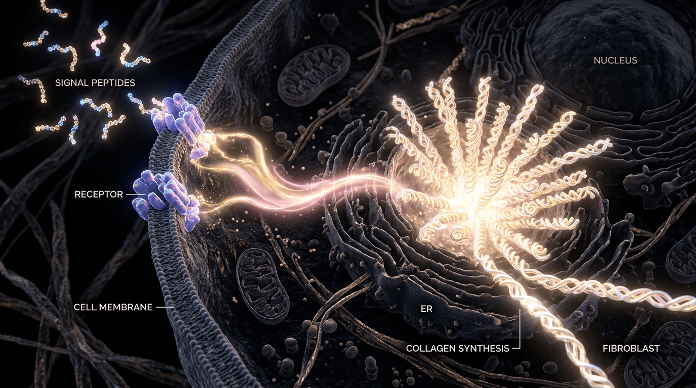 Glowing signal peptides activating collagen synthesis at a cellular level