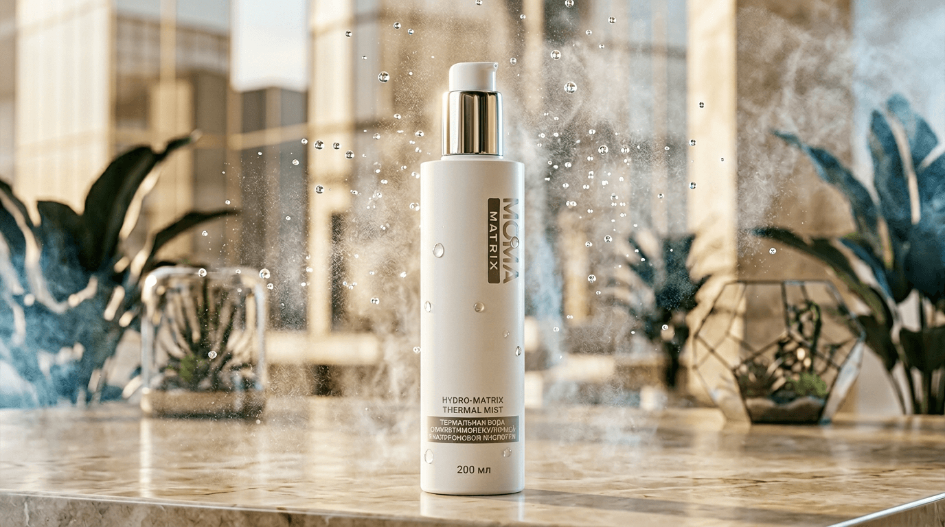 MOMA MATRIX line-up by a bath with eucalyptus — a hydration and SPA image